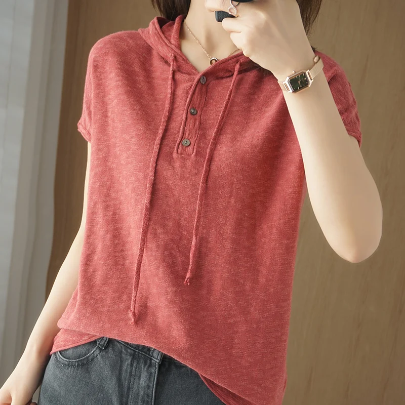 Summer Cotton Hooded Short-Sleeved Ladies' T-Shirt Korean Loose Vest Cotton Line Hoodie Fashion Knitted Semi-Sleeve Thin Tops
Summer Cotton Hooded Short-Sleeved Ladies' T-Shirt Korean Loose Vest Cotton Line Hoodie Fashion Knitted Semi-Sleeve Thin Tops