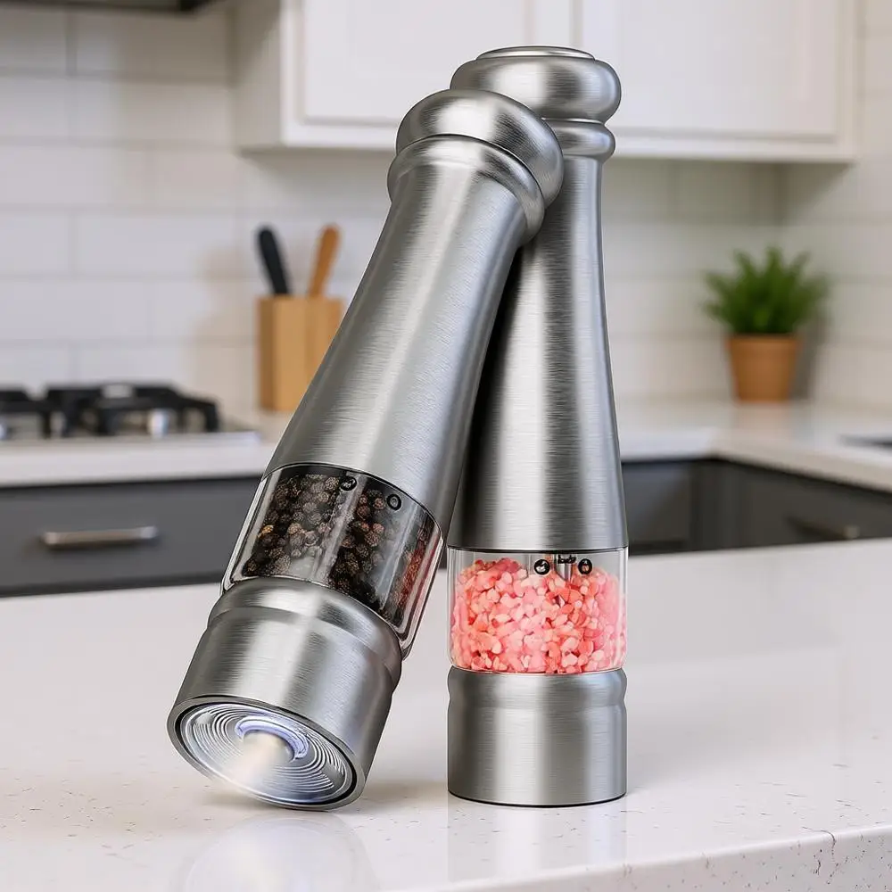 Автоматический набор мельниц для соли и перца с LED-подсветкой, работающий от батареек, с регулируемой степенью помола, управление одной рукой
Автоматический набор мельниц для соли и перца с LED-подсветкой, работающий от батареек, с регулируемой степенью помола, управление одной рукой