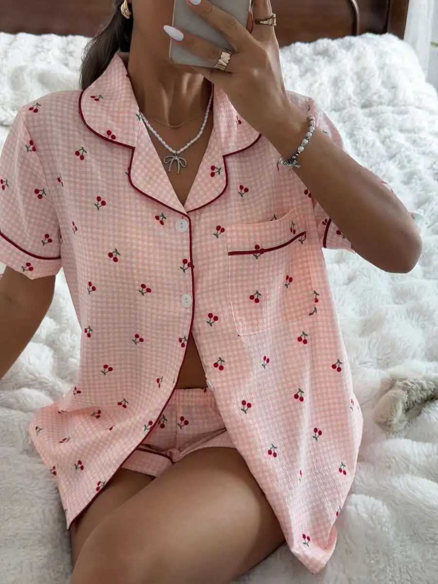 Pink Plaid Cherry Print Shirt Collar Short Sleeve Pajama Set For Women
Pink Plaid Cherry Print Shirt Collar Short Sleeve Pajama Set For Women