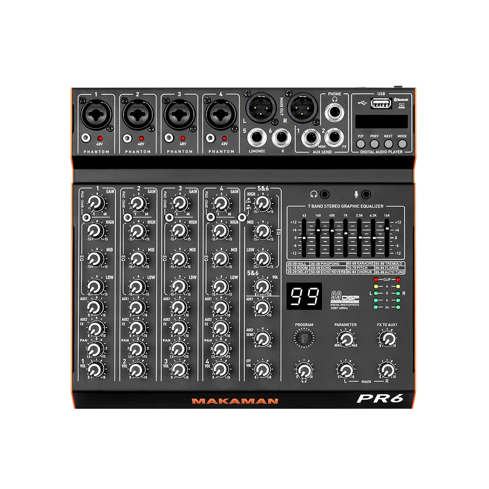 MAKAMAN PR6 6 Channel Audio Mixer Sound Board/Audio interfaces with 99 DSP Effects, 48V Phantom Power, Independent PAN Control,
MAKAMAN PR6 6 Channel Audio Mixer Sound Board/Audio interfaces with 99 DSP Effects, 48V Phantom Power, Independent PAN Control,