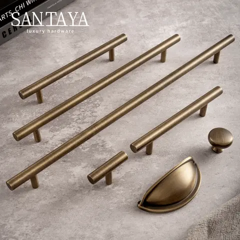 Santaya Antique Brass Solid T Bar Cabinet Minimalist Long Handles Bronze Kitchen Cabinet Pulls Dresser Drawer Knobs