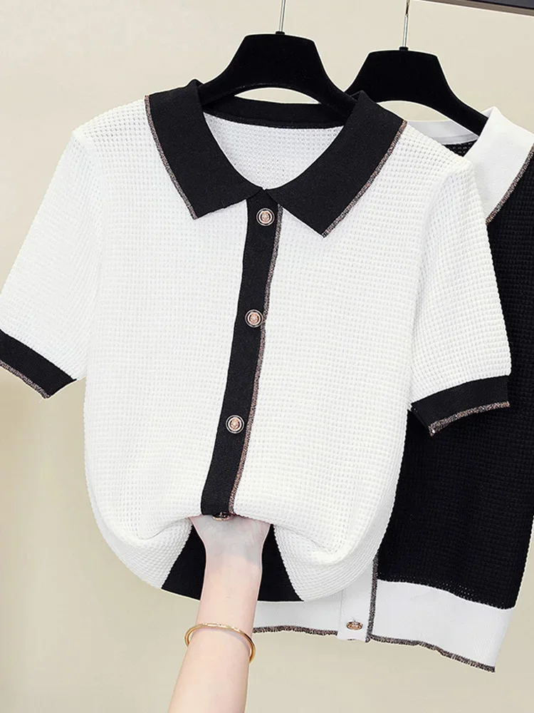 Big Size Knitwear T Shirt Femme Womens Clothing Summer White Striped T-Shirts Button Polo Collar Short Sleeve Female Women
Big Size Knitwear T Shirt Femme Womens Clothing Summer White Striped T-Shirts Button Polo Collar Short Sleeve Female Women