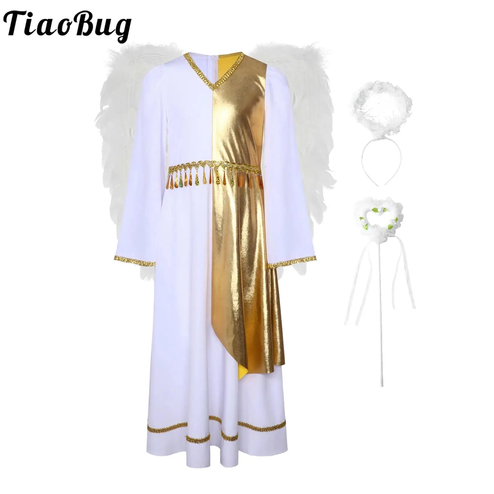 Girls Angel Role Play Costume Outfit Fairy Cosplay Costume Golden Trim Patchwork Flared Sleeve Praise Dress and Headband 
Girls Angel Role Play Costume Outfit Fairy Cosplay Costume Golden Trim Patchwork Flared Sleeve Praise Dress and Headband