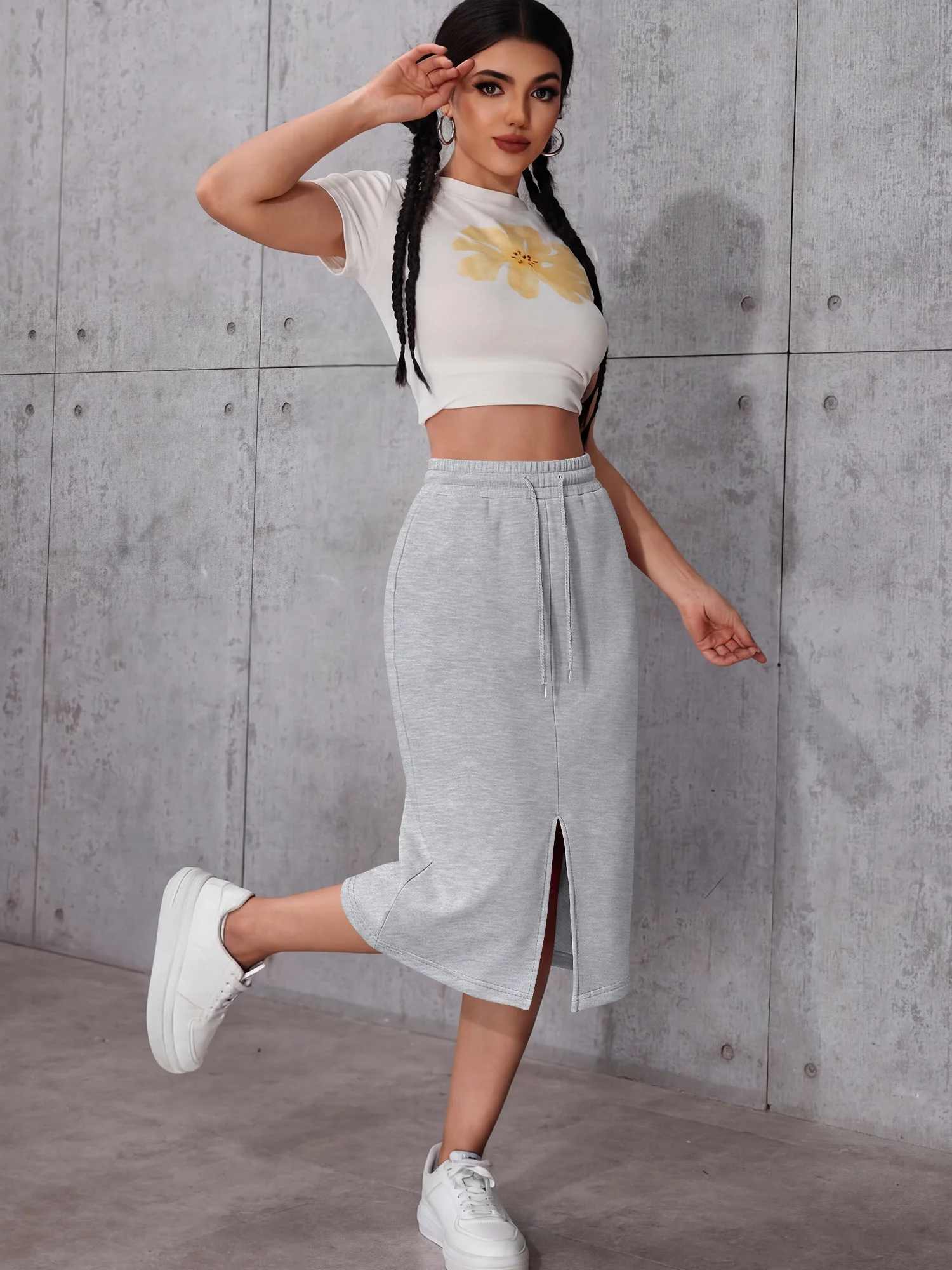 Sexy Split Hem Midi Skirt, Women's Drawstring Waist Sweatshirt Skirt, Slim Fit Streetwear
Sexy Split Hem Midi Skirt, Women's Drawstring Waist Sweatshirt Skirt, Slim Fit Streetwear