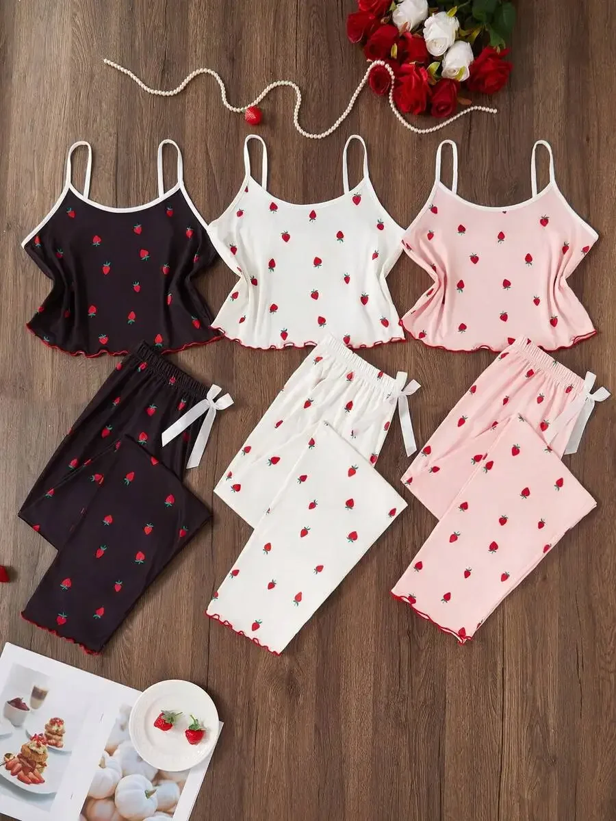 Women Sleeveless Crop Pajama Set With Strawberry Print And Ruffled Trim Summer Sleepwear
Women Sleeveless Crop Pajama Set With Strawberry Print And Ruffled Trim Summer Sleepwear