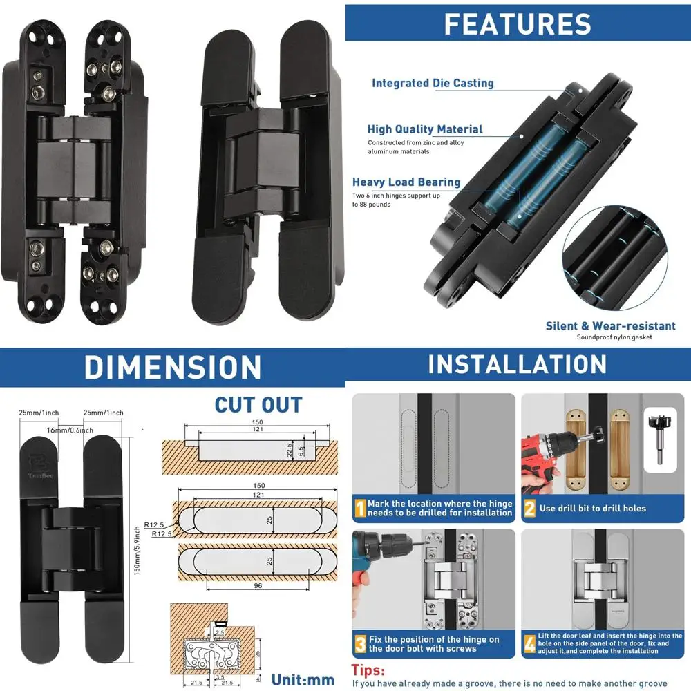 Invisible Concealed Hinges for 6 Inch Doors - 180 Degree Swing, Zinc Alloy, 3-Way Adjustable Butt Hinges for Seamless Door Insta
Invisible Concealed Hinges for 6 Inch Doors - 180 Degree Swing, Zinc Alloy, 3-Way Adjustable Butt Hinges for Seamless Door Insta