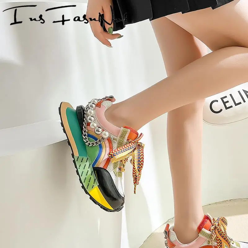 Women Vulcanize Shoes Fashion Soft Thick Platform Casual Sneakers Mixed Colour Pearl Chain Daddy Shoes Lace-Up Med Heel Sneakers
Women Vulcanize Shoes Fashion Soft Thick Platform Casual Sneakers Mixed Colour Pearl Chain Daddy Shoes Lace-Up Med Heel Sneakers