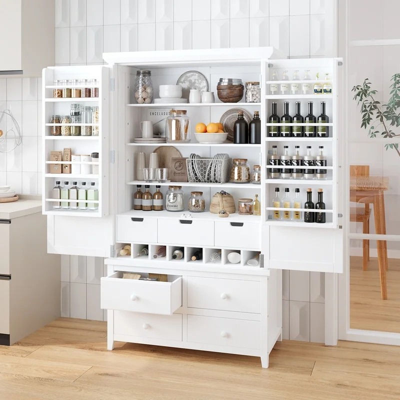 TOPMAX White Freestanding Kitchen Pantry Cabinet with 8 Doors, 3 Adjustable Shelves, 7 Drawers, and 8 Wine Racks
TOPMAX White Freestanding Kitchen Pantry Cabinet with 8 Doors, 3 Adjustable Shelves, 7 Drawers, and 8 Wine Racks