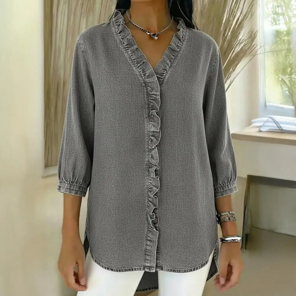 Летняя дышащая женская блузка с V-образным вырезом, оборками, рукавами 3/4, свободного кроя, однотонная, под джинсовую ткань
Летняя дышащая женская блузка с V-образным вырезом, оборками, рукавами 3/4, свободного кроя, однотонная, под джинсовую ткань