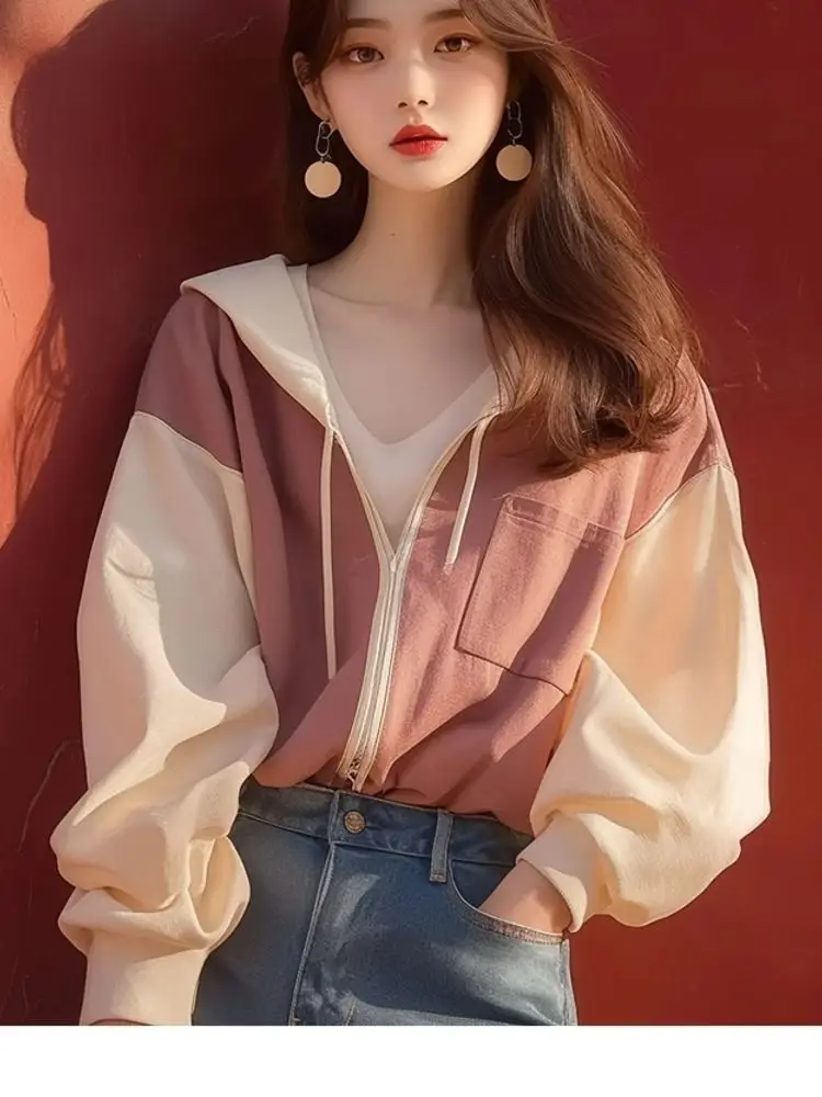 Patchwork Hooded Jacket Women Long Sleeve Loost Tops Office Lady Casual Wear Outfits
Patchwork Hooded Jacket Women Long Sleeve Loost Tops Office Lady Casual Wear Outfits