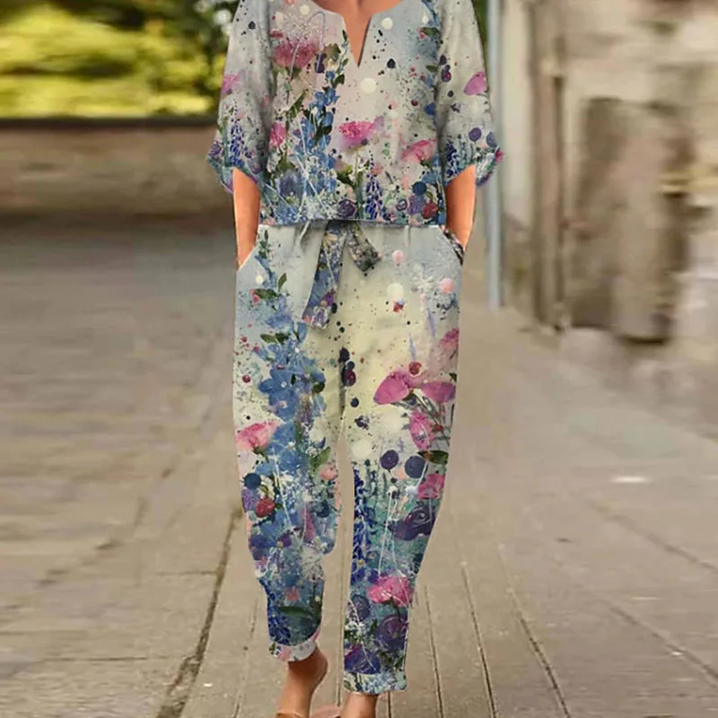 Retro Harajuku Floral Print Female Set Casual Loose Half Sleeve T-shirt And Lace-up Pants Outfits Women Fashion Two-piece Suits
Retro Harajuku Floral Print Female Set Casual Loose Half Sleeve T-shirt And Lace-up Pants Outfits Women Fashion Two-piece Suits