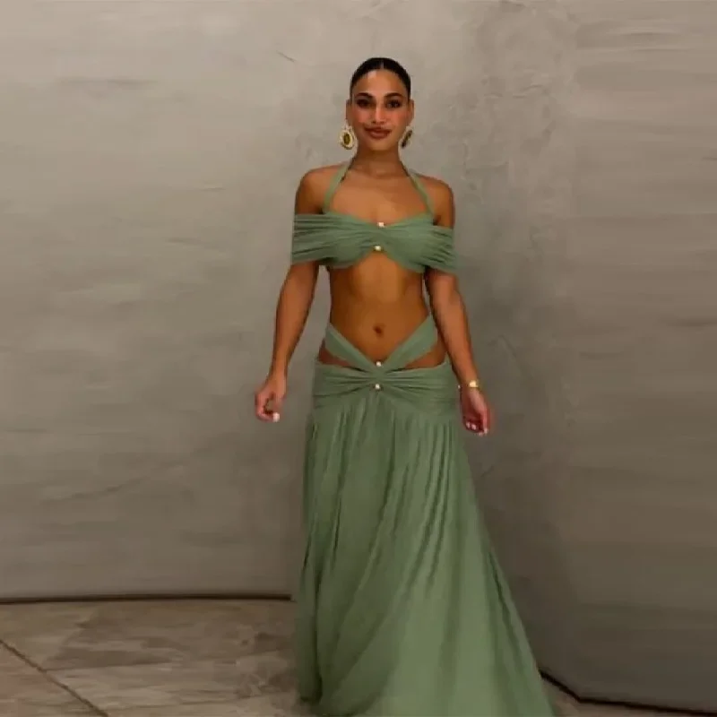Women's Summer Beach 2 Piece Set Green Off Shoulder Halter Crop Top High Waist Maxi Skirt Trend Lady Vacation Party Dresses
Women's Summer Beach 2 Piece Set Green Off Shoulder Halter Crop Top High Waist Maxi Skirt Trend Lady Vacation Party Dresses