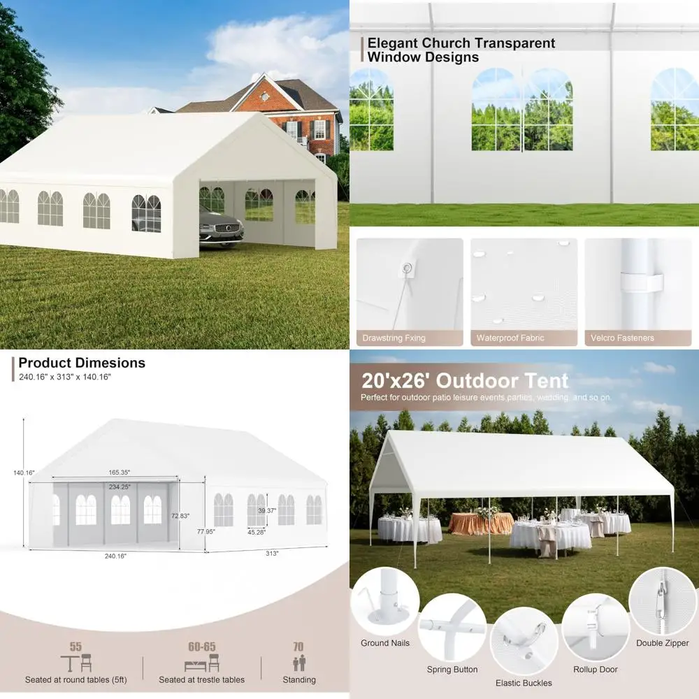 "20x26 Heavy-Duty Carport with Roll-Up Windows and Reinforced Party Tent with Removable Walls and Doors"
"20x26 Heavy-Duty Carport with Roll-Up Windows and Reinforced Party Tent with Removable Walls and Doors"