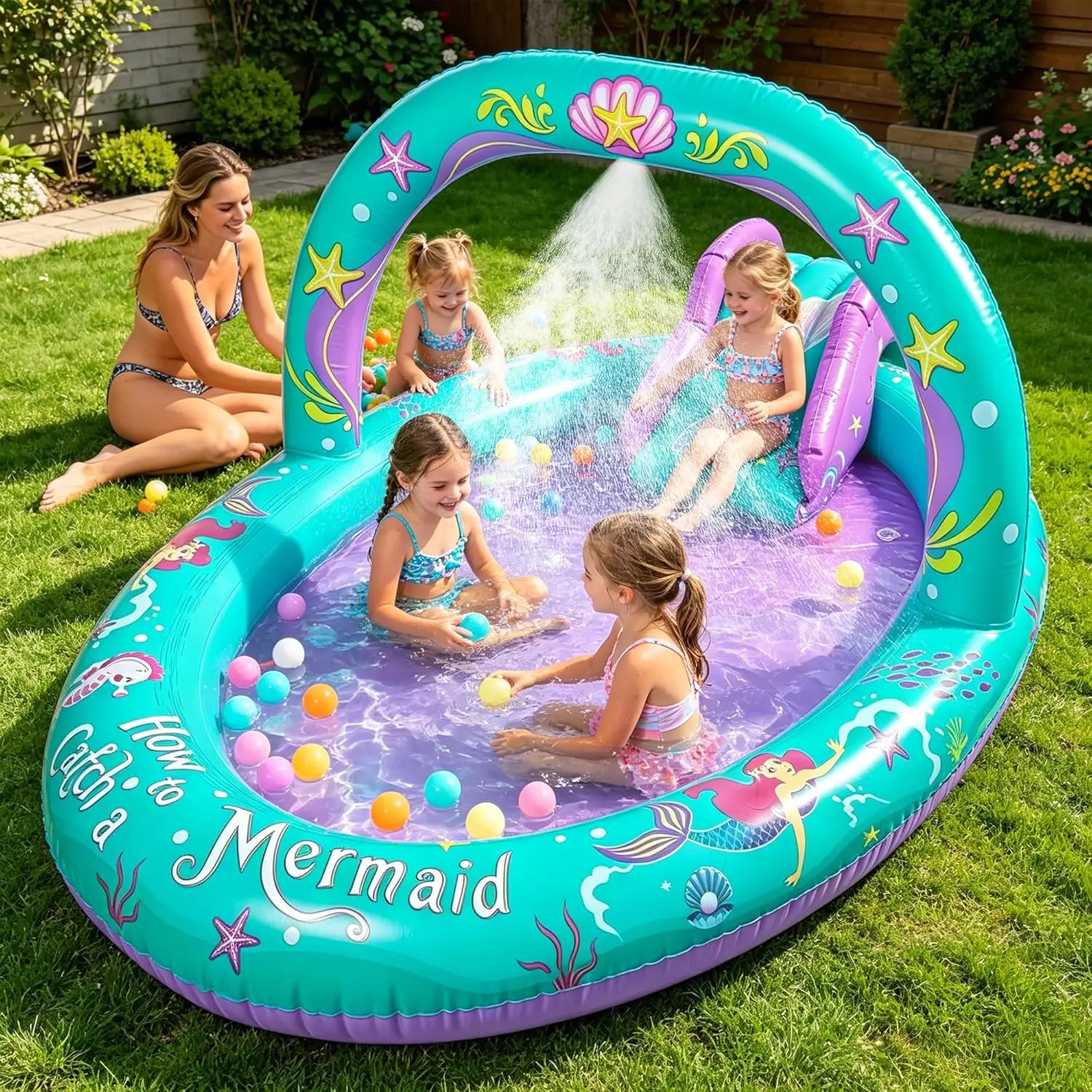 Summer Splashing Inflatable Mermaid Kiddie Pool Play Center with Slide and Sprinkler for Toddlers, Outdoor Baby Pool for Backyard and Garden, 96x59x39 Inches
Summer Splashing Inflatable Mermaid Kiddie Pool Play Center with Slide and Sprinkler for Toddlers, Outdoor Baby Pool for Backyard and Garden, 96x59x39 Inches