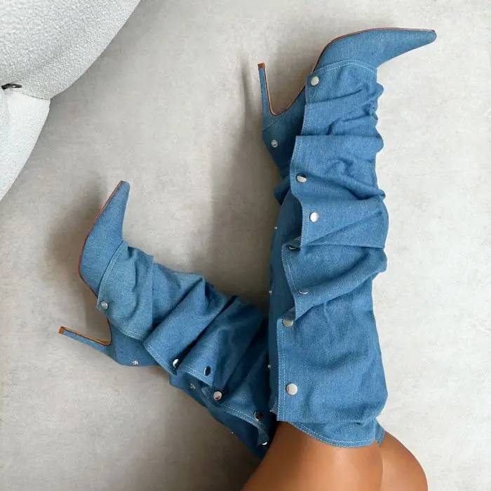 Pointed Toe Denim Fold Knee High Boots Loose Stiletto Heels Buckle Sewing Women All Seasons Fashion Casual Sexy Rubber Shoes
Pointed Toe Denim Fold Knee High Boots Loose Stiletto Heels Buckle Sewing Women All Seasons Fashion Casual Sexy Rubber Shoes