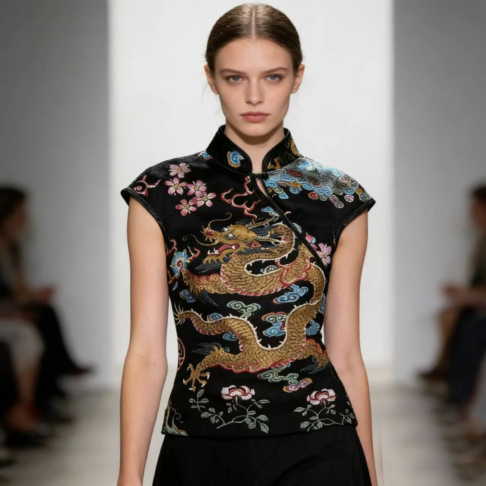 Vintage Chinese Style Stand Collar Shirt Novel New Dragon Print Womens Short Sleeve Blouse Qipao Tops Casual Outwear Streetwear
Vintage Chinese Style Stand Collar Shirt Novel New Dragon Print Womens Short Sleeve Blouse Qipao Tops Casual Outwear Streetwear