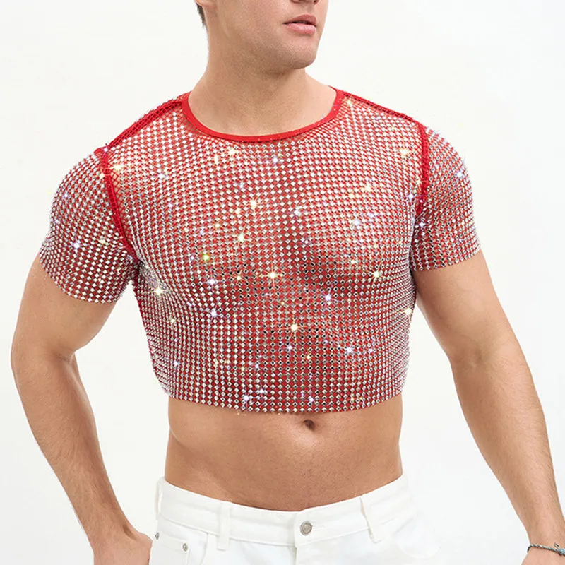 Nightclub Party Hollow Out See Through Men's Crop Top Silver Black Diamond Mesh Short Sleeve Tank Top Singer Stage Shiny Costume
Nightclub Party Hollow Out See Through Men's Crop Top Silver Black Diamond Mesh Short Sleeve Tank Top Singer Stage Shiny Costume