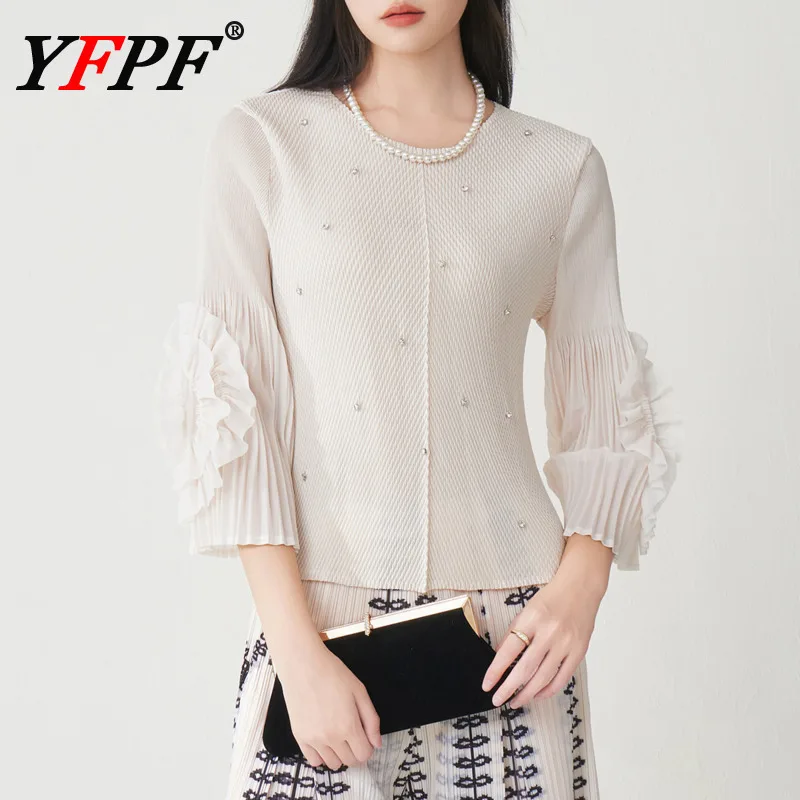YFPF Miyake Pleated Solid Color Women's Tops Fashion 3D Flower Flare Sleeve Beading Design Blouse Casual 2025 New Clothing
YFPF Miyake Pleated Solid Color Women's Tops Fashion 3D Flower Flare Sleeve Beading Design Blouse Casual 2025 New Clothing
