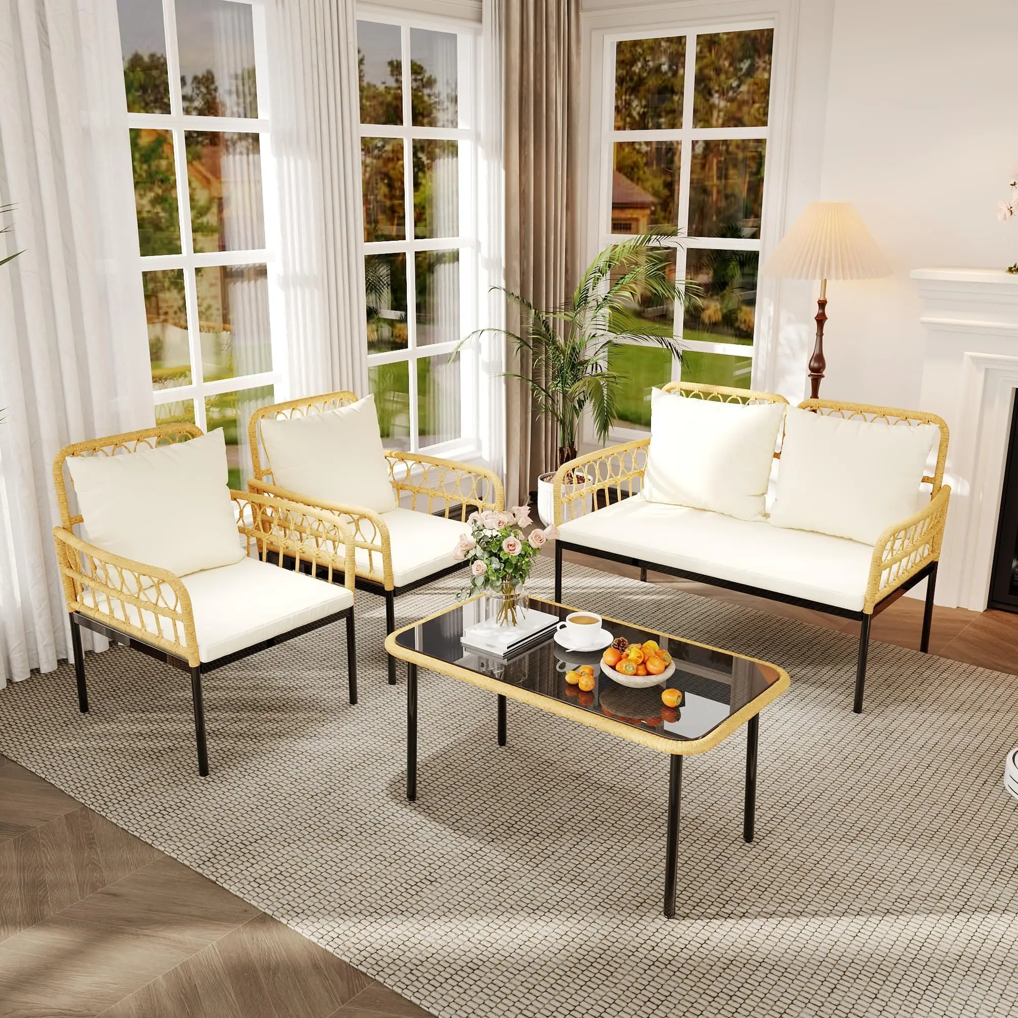 Комплект уличной мебели из 4 предметов со столом, плетеный балконный диван, металлический каркас, съемные подушки, подходящие для балкона на все погоду
Комплект уличной мебели из 4 предметов со столом, плетеный балконный диван, металлический каркас, съемные подушки, подходящие для балкона на все погоду