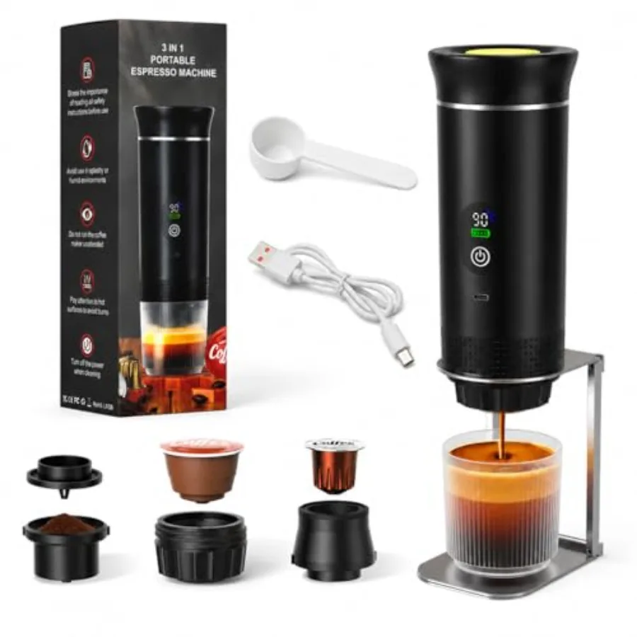 Portable espresso maker and metal stand set for camping, RV, office: stainless steel, black, self-heating, rechargeable with di
Portable espresso maker and metal stand set for camping, RV, office: stainless steel, black, self-heating, rechargeable with di