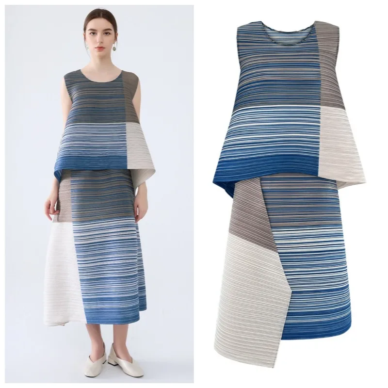 Miyake Pleated Skirt Set 2026 Striped Color-Block Pleat Set Women Summer Asymmetrical Sleeveless Top+Irregular Skirt 2-Piece Set
Miyake Pleated Skirt Set 2026 Striped Color-Block Pleat Set Women Summer Asymmetrical Sleeveless Top+Irregular Skirt 2-Piece Set