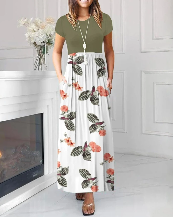 Color blocked printed round neck short sleeved dress for women, fashionable and casual long skirt with waistline and pockets
Color blocked printed round neck short sleeved dress for women, fashionable and casual long skirt with waistline and pockets