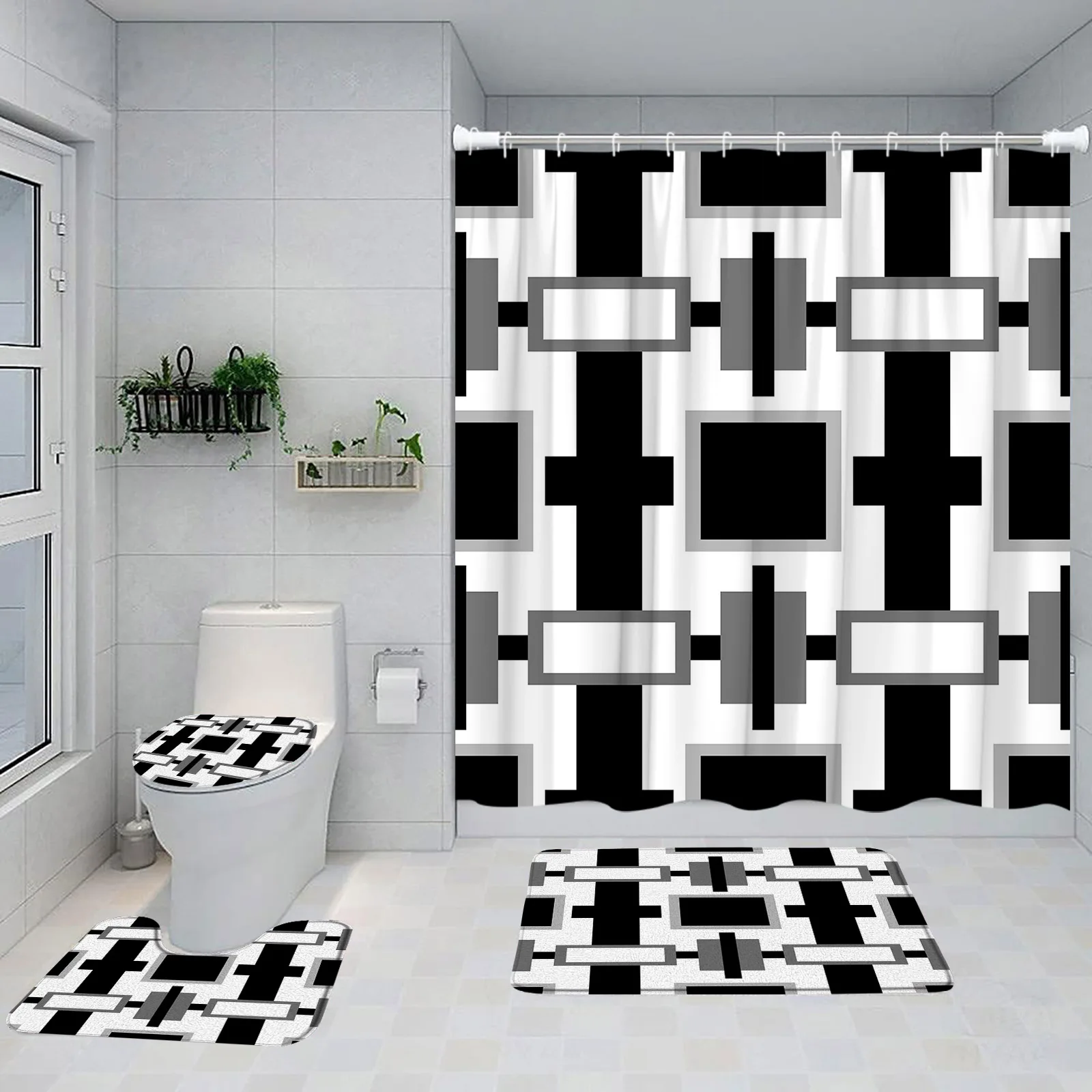 Creative Geometric Shower Curtain Bath Mat Set Black Grey Square Design Modern Simple Bathroom Decor Non-Slip Rug Toilet Lid Mat
Creative Geometric Shower Curtain Bath Mat Set Black Grey Square Design Modern Simple Bathroom Decor Non-Slip Rug Toilet Lid Mat