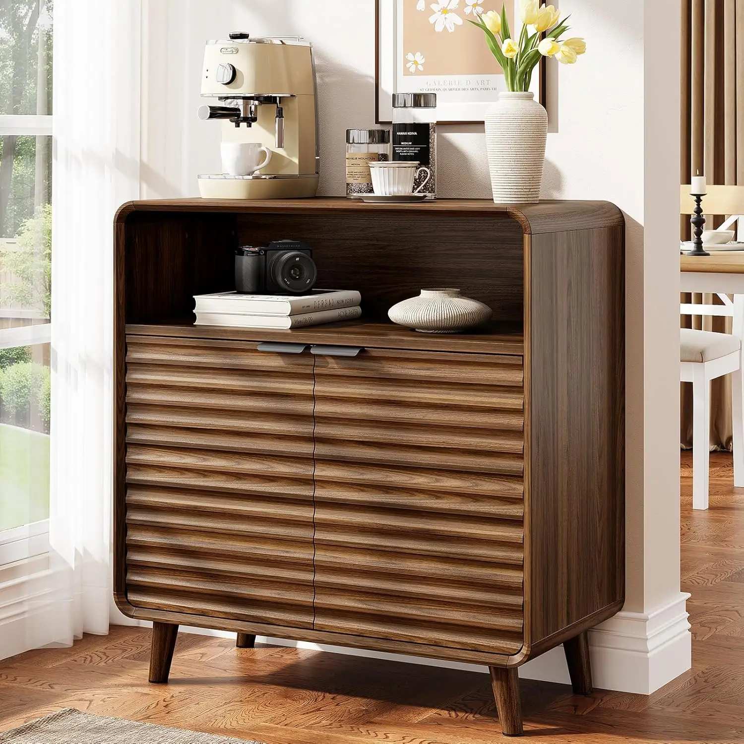 31.5" Curved Buffet Cabinet 2 Wave Doors Adjustable Shelves Coffee Bar Living Room Walnut, Customized
31.5" Curved Buffet Cabinet 2 Wave Doors Adjustable Shelves Coffee Bar Living Room Walnut, Customized
