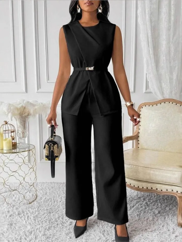 New 2025 Women's Solid Color Round Neck Top Sleeveless Belt Two-piece Trousers Casual And Fashionable Waist-hugging Suit Females
New 2025 Women's Solid Color Round Neck Top Sleeveless Belt Two-piece Trousers Casual And Fashionable Waist-hugging Suit Females