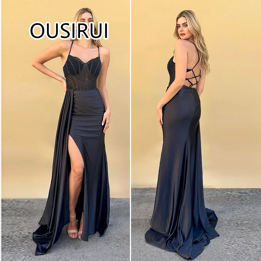 Modest Spaghetti Straps Satin Pleated Sheath Evening Party Dress Side Split Backless Gown Beaded with Sweep Trian Custom Made
Modest Spaghetti Straps Satin Pleated Sheath Evening Party Dress Side Split Backless Gown Beaded with Sweep Trian Custom Made