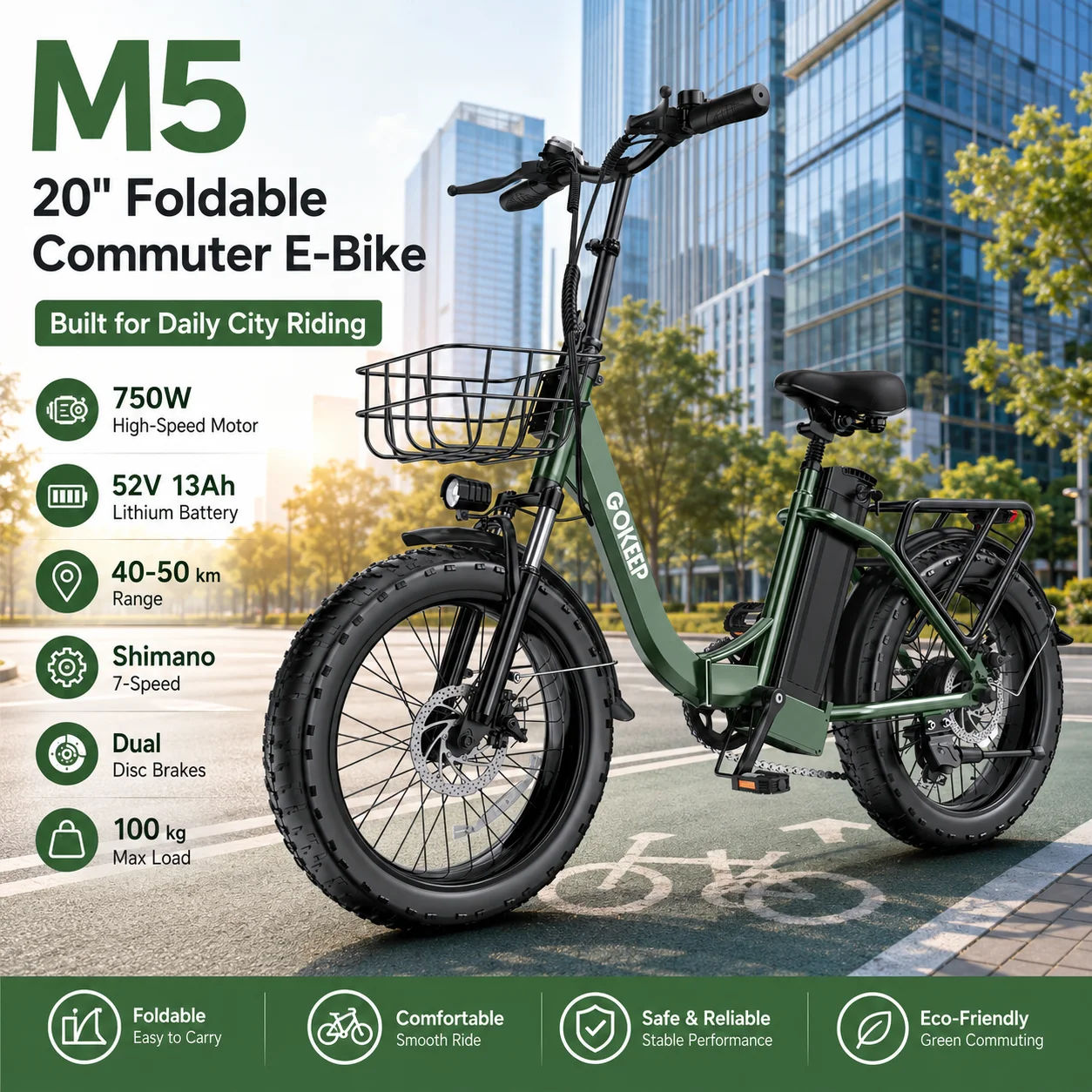 M5 Foldable Electric Commuter Bike 20 x 3.0 Off Road Tires 750W Motor 52V 13Ah Battery 40-50KM Range for Daily Travel
M5 Foldable Electric Commuter Bike 20 x 3.0 Off Road Tires 750W Motor 52V 13Ah Battery 40-50KM Range for Daily Travel