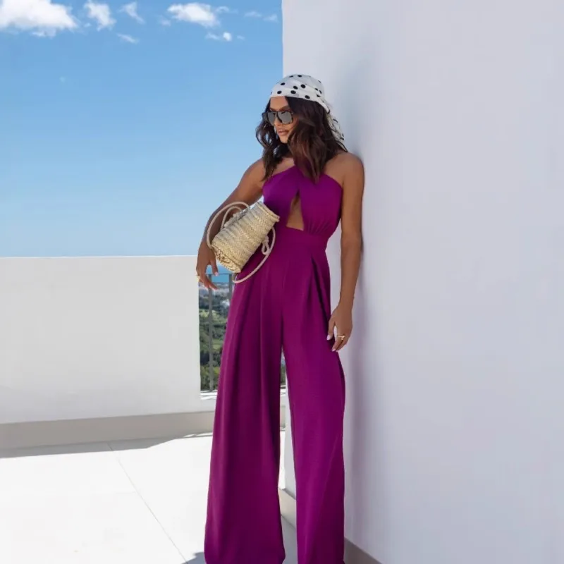 Summer Sexy Sleeveless Neck Halter Jumpsuits Women Fashion Solid Hollow Out Wide Leg Pants One Pieces Sets
Summer Sexy Sleeveless Neck Halter Jumpsuits Women Fashion Solid Hollow Out Wide Leg Pants One Pieces Sets
