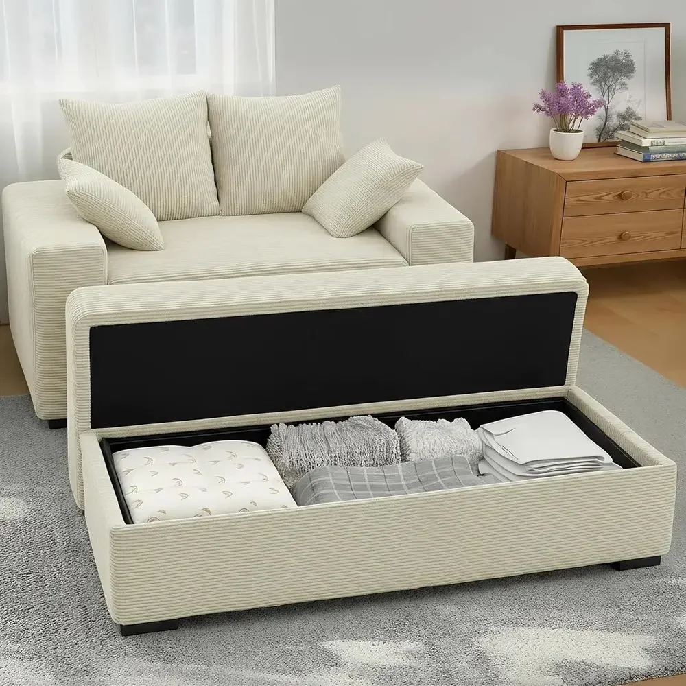 Oversized Corduroy Sleeper Sofa with Storage Ottoman and 4 Pillows, 60 Beige Upholstered Couch Bed for Indoor Living
Oversized Corduroy Sleeper Sofa with Storage Ottoman and 4 Pillows, 60 Beige Upholstered Couch Bed for Indoor Living