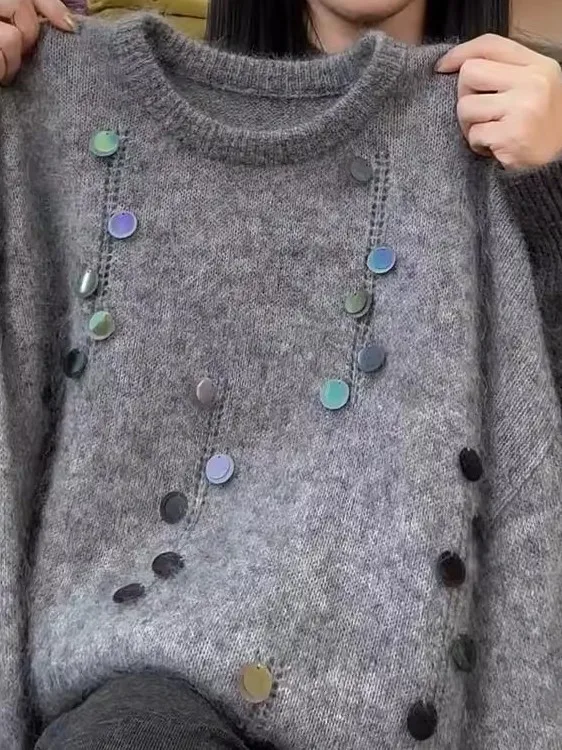 Модный свитер с блестящим дизайном, свободного кроя, для мужчин и женщин, осенне-зимний, больших размеров, удобный, повседневный, городской стиль.
Модный свитер с блестящим дизайном, свободного кроя, для мужчин и женщин, осенне-зимний, больших размеров, удобный, повседневный, городской стиль.