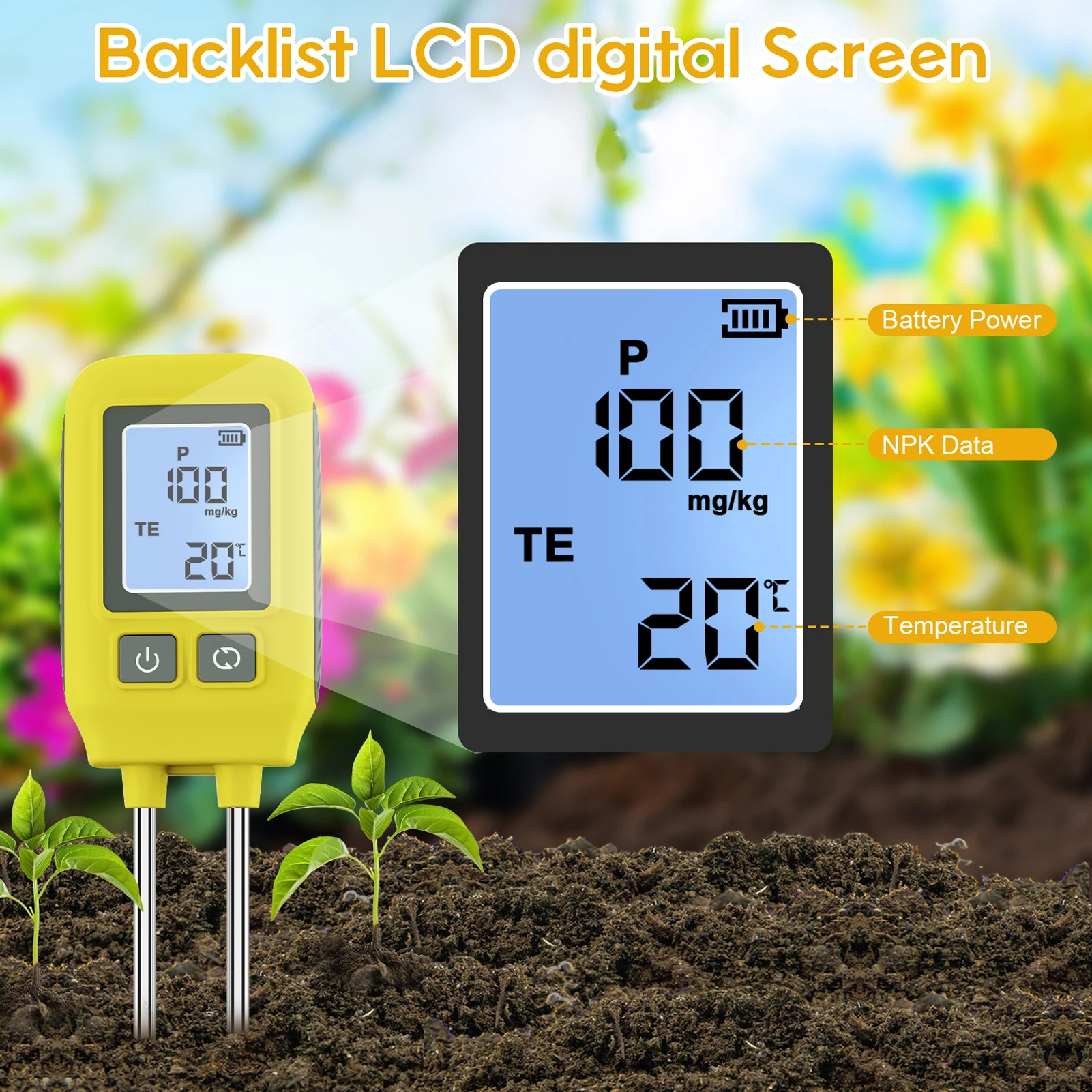 4in1 Soil Tester Nitrogen Phosphorus Potassium Temperature Comprehensive Measurement φ5mm Stainless Steel Probe Soil Detector
4in1 Soil Tester Nitrogen Phosphorus Potassium Temperature Comprehensive Measurement φ5mm Stainless Steel Probe Soil Detector