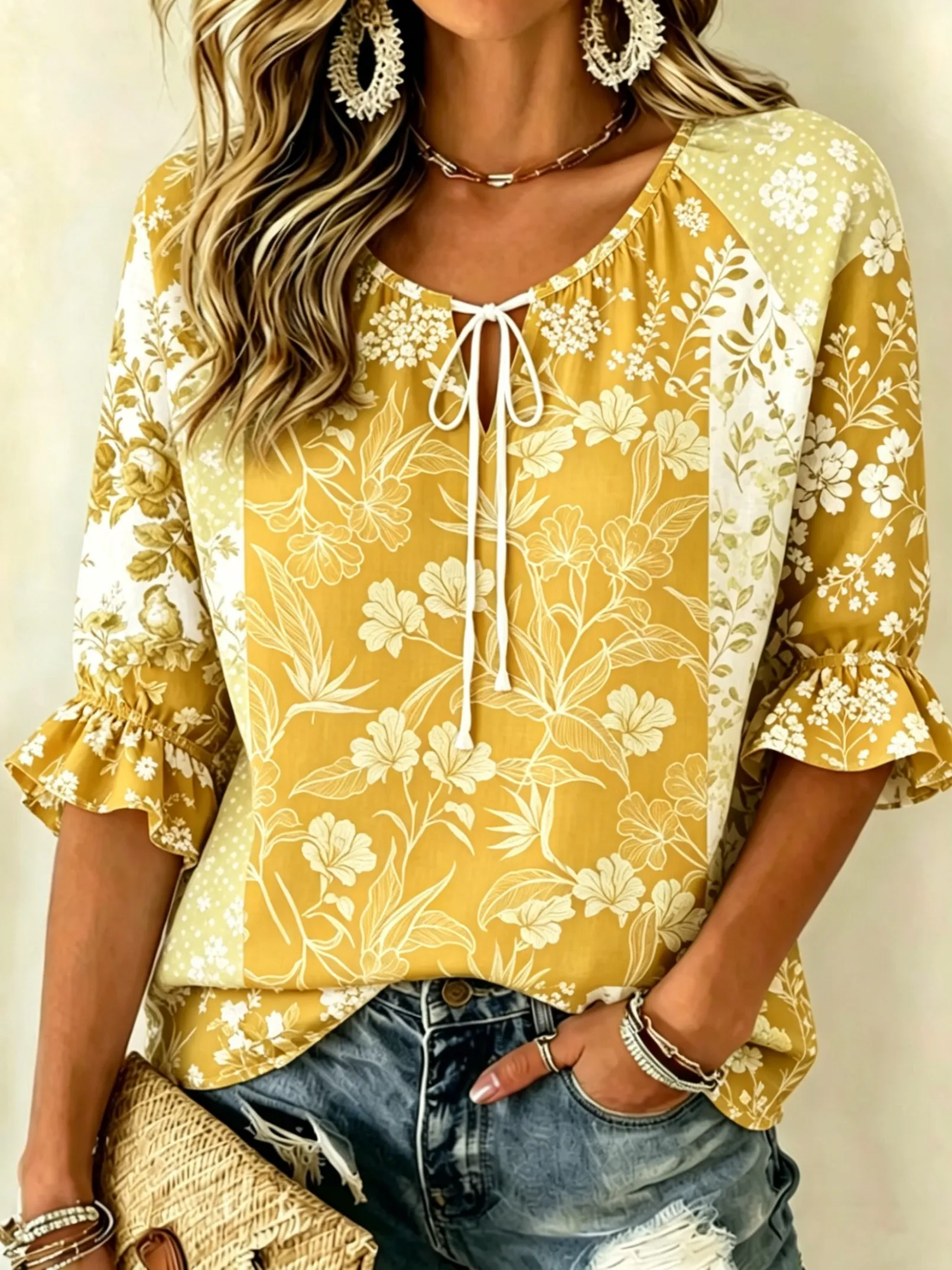 Women's Spring Summer Casual Blouse, Mustard Yellow Vintage Floral Print Tops for Daily Street Holiday Dating & Leisure Outfit
Women's Spring Summer Casual Blouse, Mustard Yellow Vintage Floral Print Tops for Daily Street Holiday Dating & Leisure Outfit