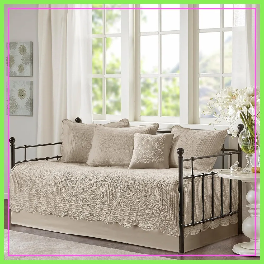 Daybed Cover Set Quilted Damask Coastal Bedding with Scallop Edge, 6 Piece, Khaki
Daybed Cover Set Quilted Damask Coastal Bedding with Scallop Edge, 6 Piece, Khaki