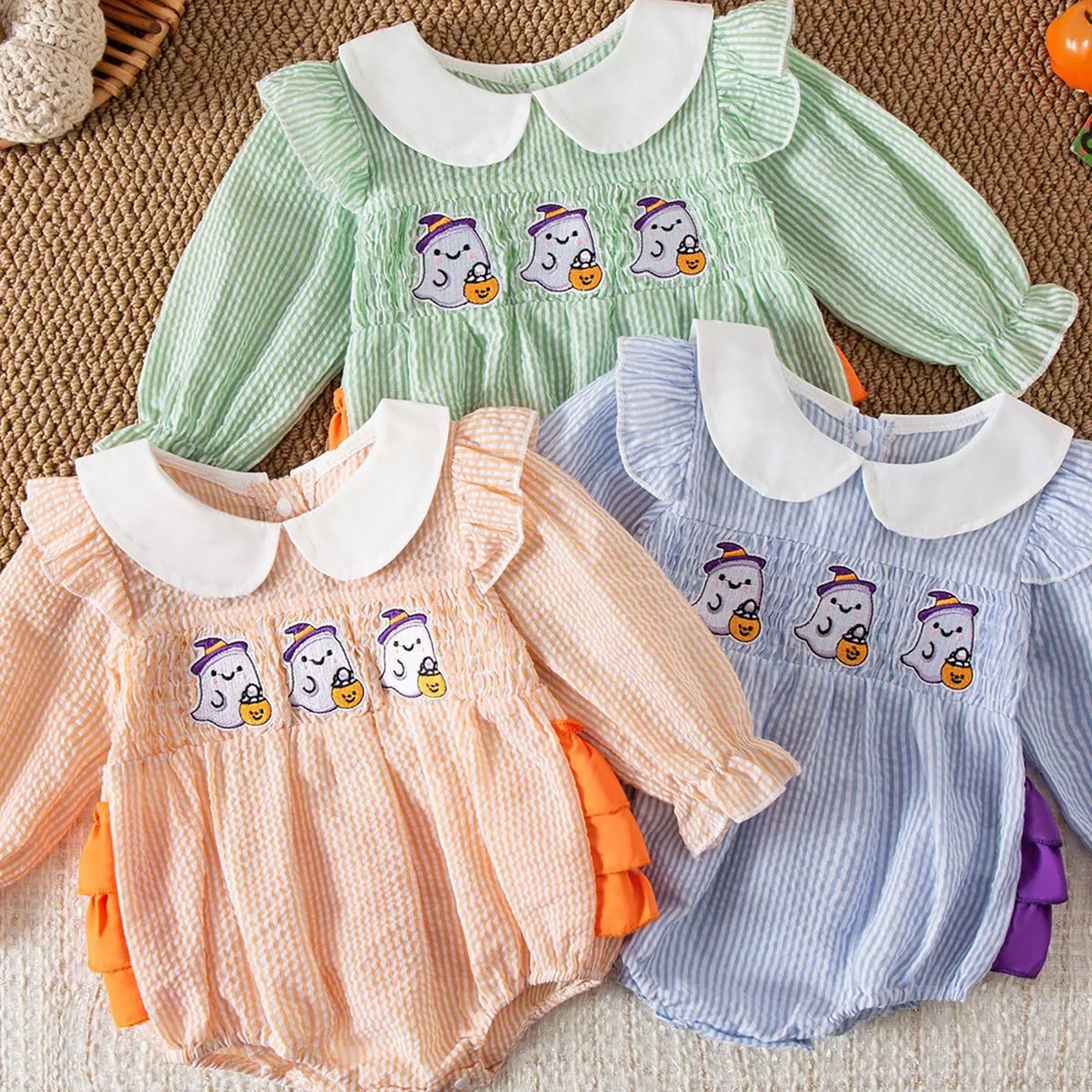 Baby Girl Romper Doll Collar Long Sleeve Fashion Soft Halloween Ghost Printed Striped Bodysuit Infant Toddler Crawling Clothes
Baby Girl Romper Doll Collar Long Sleeve Fashion Soft Halloween Ghost Printed Striped Bodysuit Infant Toddler Crawling Clothes
