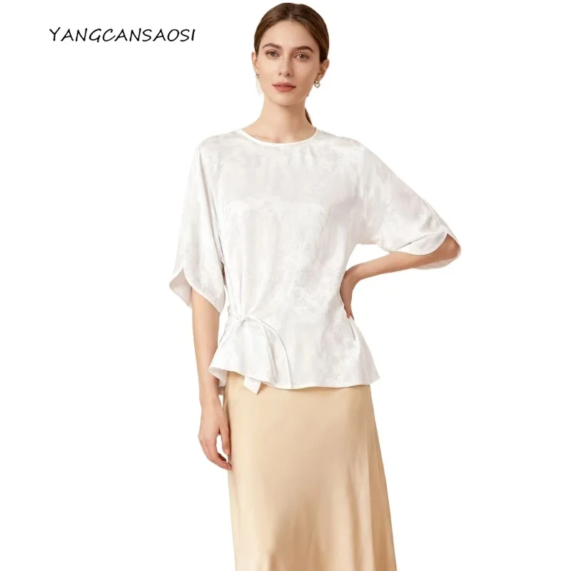 Luxurious New Chinese Style White Plate Buckle 100% Natural Mulberry Silk Flower Luo Round Neck Half Sleeve Casual T-shirt
Luxurious New Chinese Style White Plate Buckle 100% Natural Mulberry Silk Flower Luo Round Neck Half Sleeve Casual T-shirt