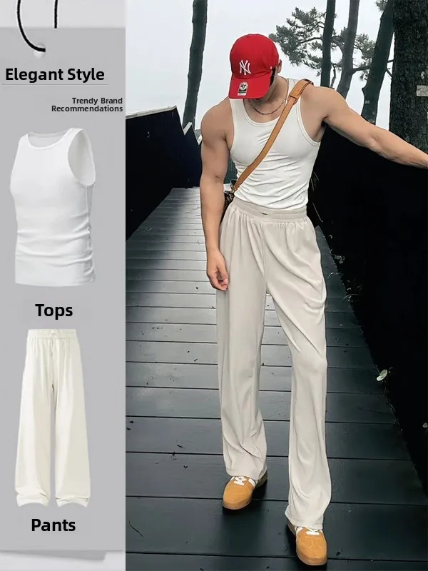 Summer Men's Fitness Casual Sportswear Ice Silk Sleeveless Tank Top And Wide Leg Pants Two Piece Set for Teenagers
Summer Men's Fitness Casual Sportswear Ice Silk Sleeveless Tank Top And Wide Leg Pants Two Piece Set for Teenagers