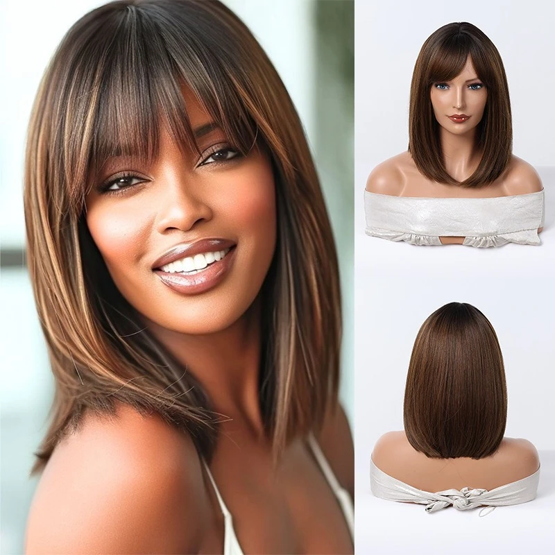 Brown highlights shoulder-length straight hair wig, air bangs, fashionable age reduction and temperament female wigs
Brown highlights shoulder-length straight hair wig, air bangs, fashionable age reduction and temperament female wigs