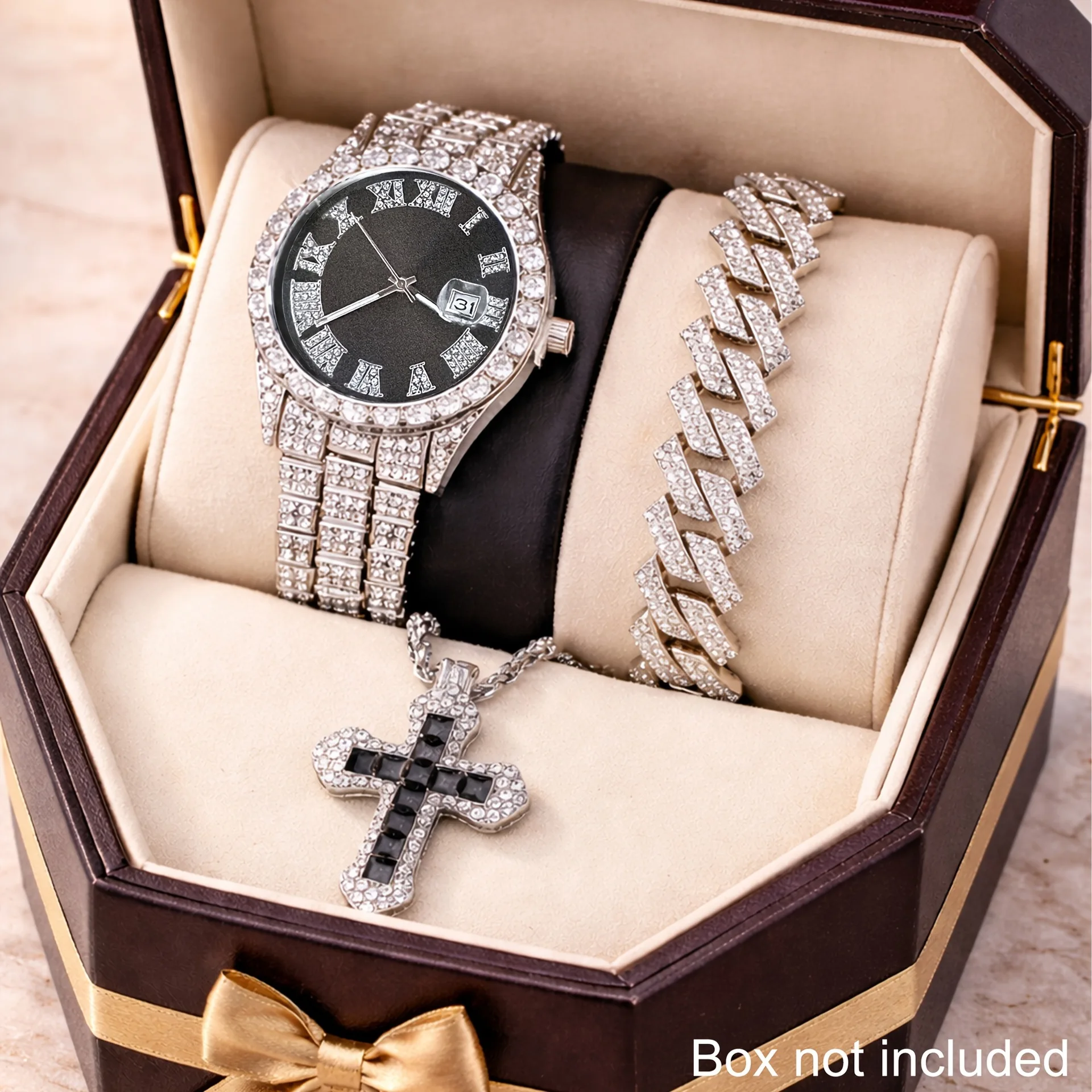 Zinc alloy men's watch simple zircon cross pendant Cuban chain necklace bracelet set
Zinc alloy men's watch simple zircon cross pendant Cuban chain necklace bracelet set