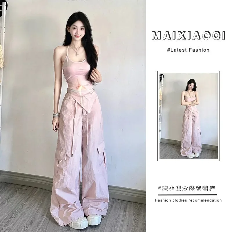 Sweet Hot Girl Suit Women's Summer Halter Neck Camisole High Waisted Cargo Wide Leg Pants Two-piece Set Fashion Female Clothes 
Sweet Hot Girl Suit Women's Summer Halter Neck Camisole High Waisted Cargo Wide Leg Pants Two-piece Set Fashion Female Clothes
