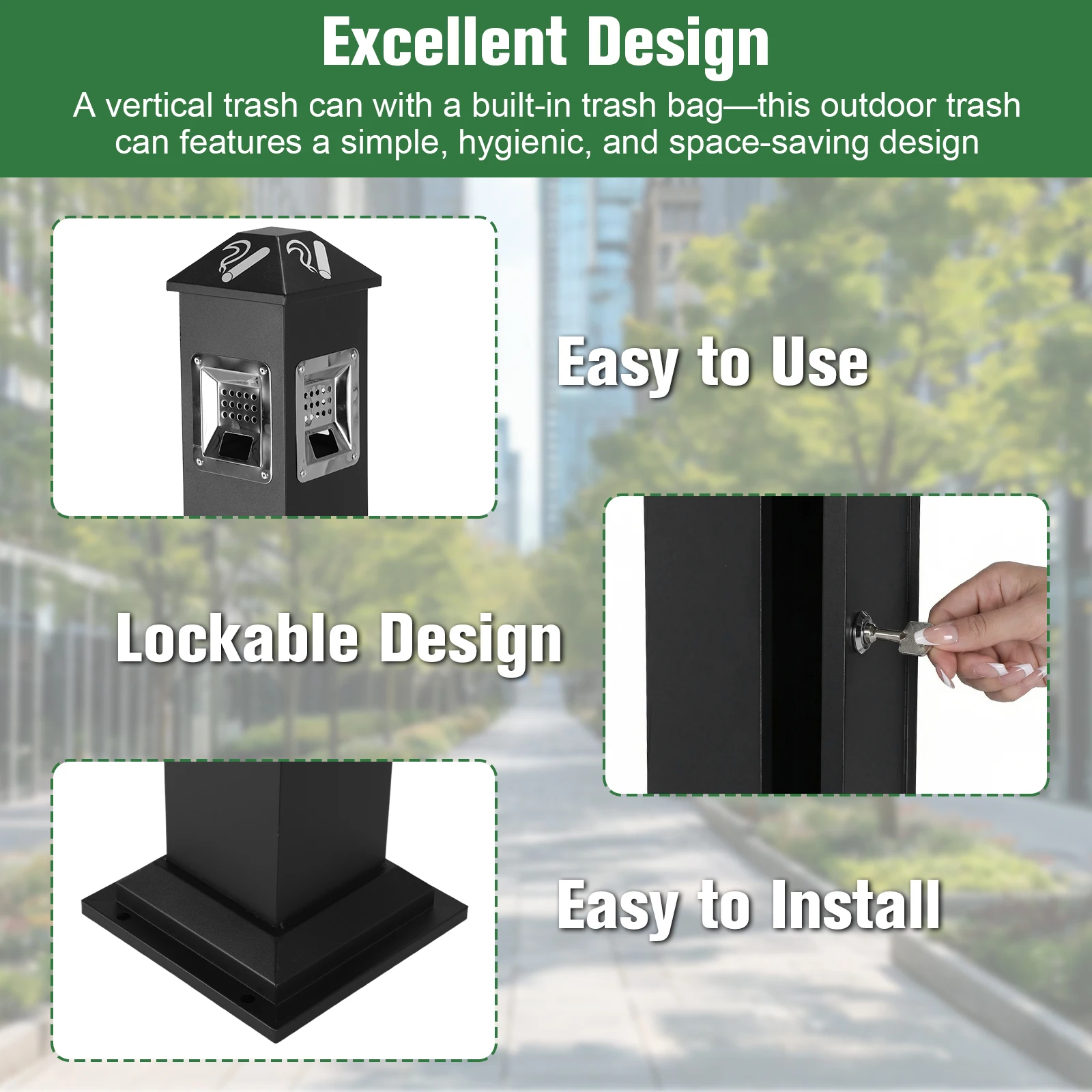 43.7in Height Metal Vertical Trash Bin W/ Key Large Waste Trash Container Bin with Inner Bucket for Home Park Hotel Lobby Office
43.7in Height Metal Vertical Trash Bin W/ Key Large Waste Trash Container Bin with Inner Bucket for Home Park Hotel Lobby Office