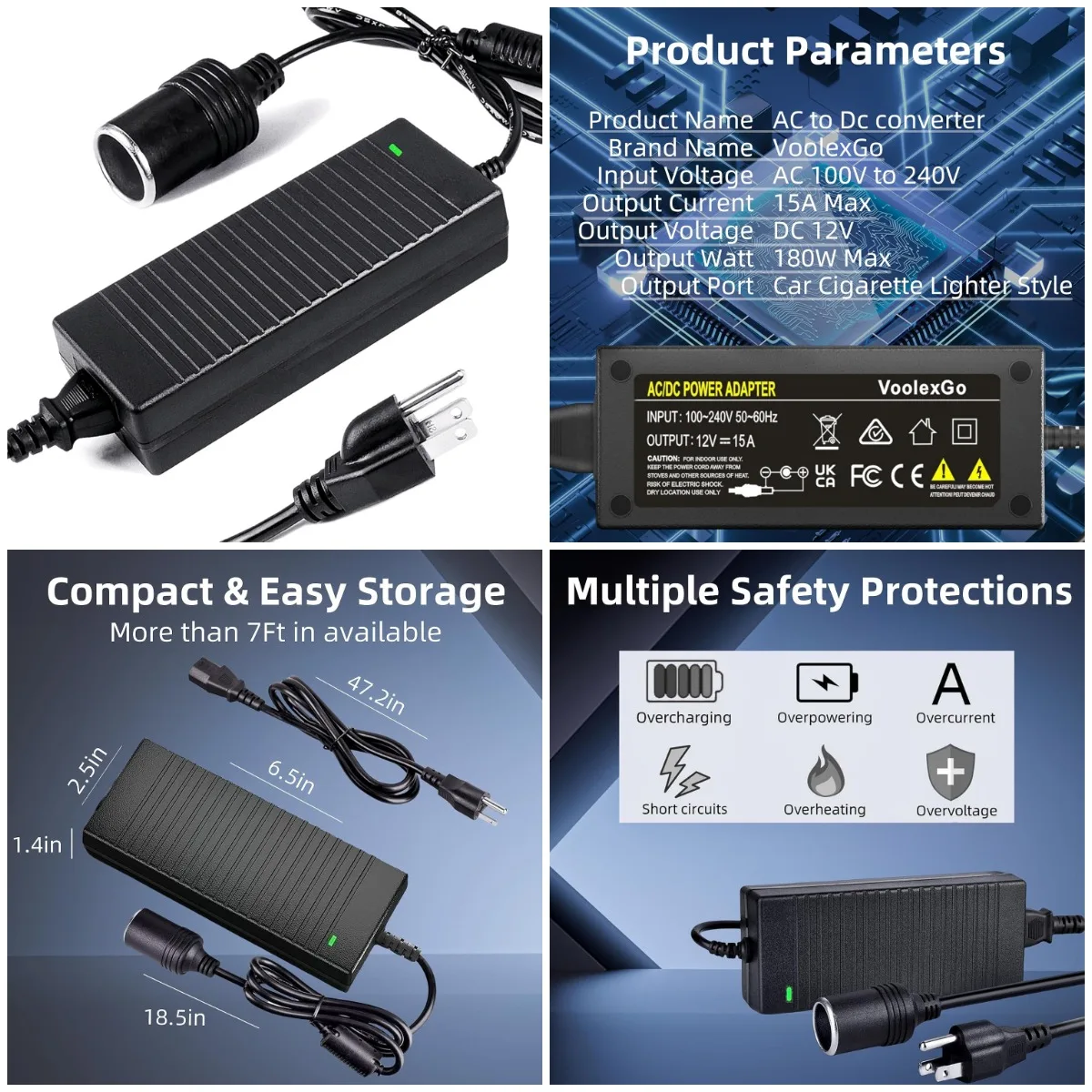180W AC to DC Converter 110V-240V to 12V/15A Car Power Adapter for Inflator, Refrigerator, Vacuum - 7.2FT
180W AC to DC Converter 110V-240V to 12V/15A Car Power Adapter for Inflator, Refrigerator, Vacuum - 7.2FT