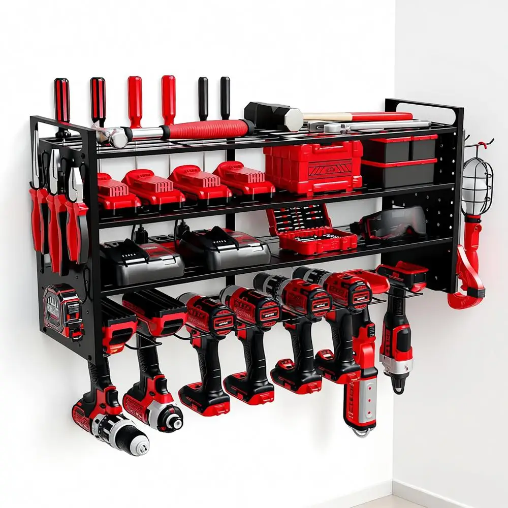 Power Tool Organizer Wall Mount - Storage Rack with 3 Shelves, 8 Drill Holders, Bit Holder, 300 lbs Load, Pegboard Sides for Too
Power Tool Organizer Wall Mount - Storage Rack with 3 Shelves, 8 Drill Holders, Bit Holder, 300 lbs Load, Pegboard Sides for Too