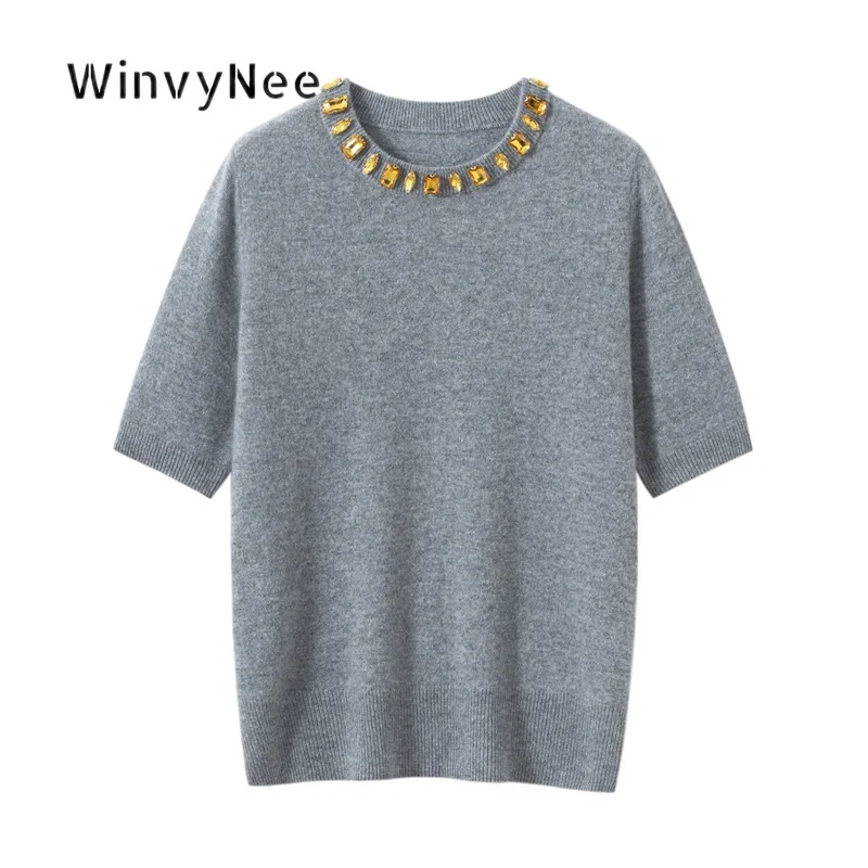 WinvyNee Women Knit Pullover 100% Cashmere Handmade Gem Rhinestone Round Neck Short Sleeves Smart Cozy Trendy Urban Fit A1824004
WinvyNee Women Knit Pullover 100% Cashmere Handmade Gem Rhinestone Round Neck Short Sleeves Smart Cozy Trendy Urban Fit A1824004