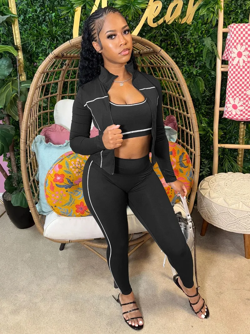 Осенние женские однотонные спортивные костюмы 2022, тонкий комплект из 3 предметов, укороченные топы на бретелях + куртки с длинными рукавами на молнии + брюки-карандаш, костюмы для фитнеса 
Осенние женские однотонные спортивные костюмы 2022, тонкий комплект из 3 предметов, укороченные топы на бретелях + куртки с длинными рукавами на молнии + брюки-карандаш, костюмы для фитнеса