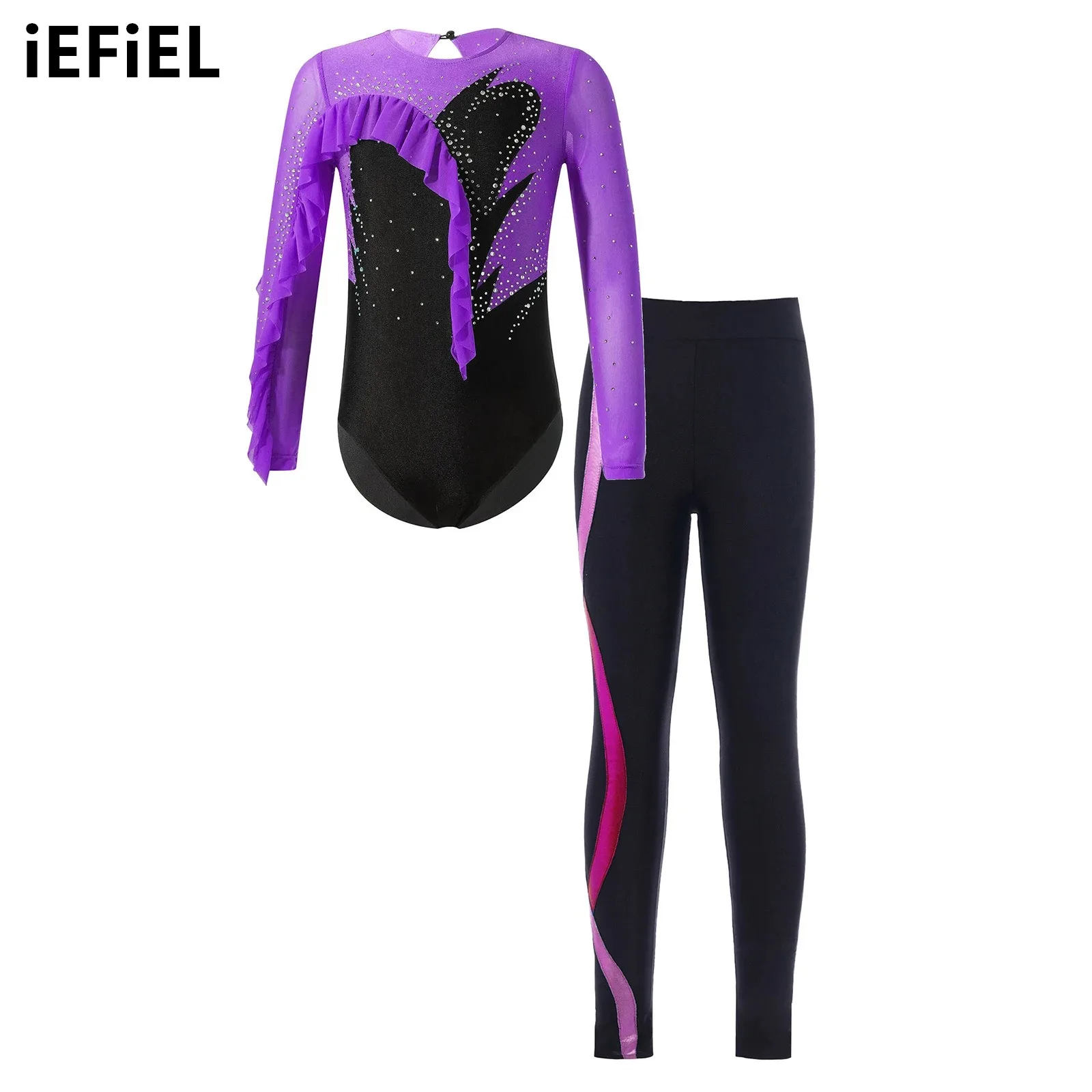 Kids Girls Gymnastic Outfit Long Sleeve Round Neckline Shiny Rhinestones Decorated Ruffle Trim Leotard with Striped Print Pants
Kids Girls Gymnastic Outfit Long Sleeve Round Neckline Shiny Rhinestones Decorated Ruffle Trim Leotard with Striped Print Pants
