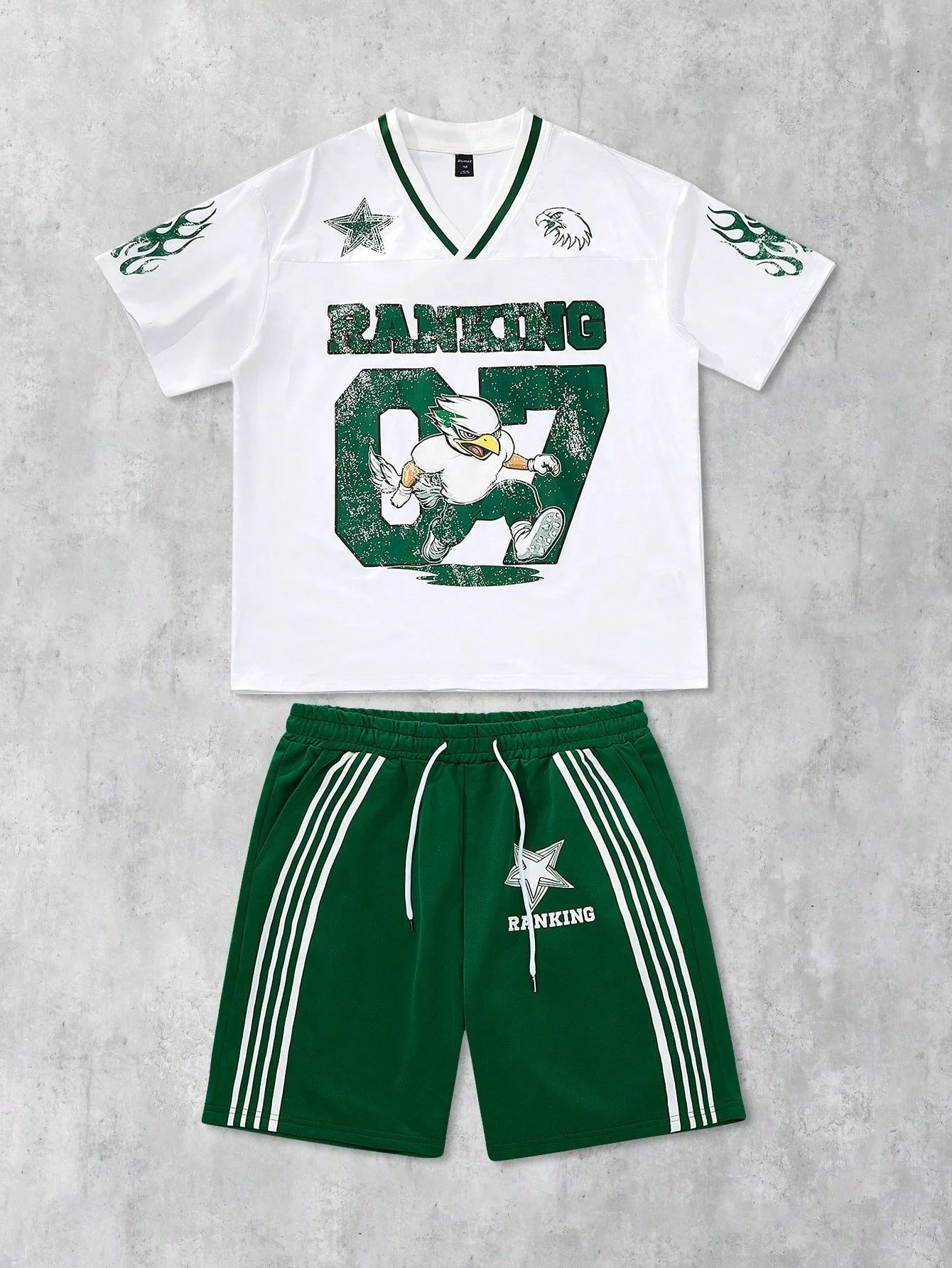 2026 New Summer Men's 2PCS Ranking 07 Eagle Print Streetwear Set Football Jersey T-Shirt + Green Striped Shorts
2026 New Summer Men's 2PCS Ranking 07 Eagle Print Streetwear Set Football Jersey T-Shirt + Green Striped Shorts